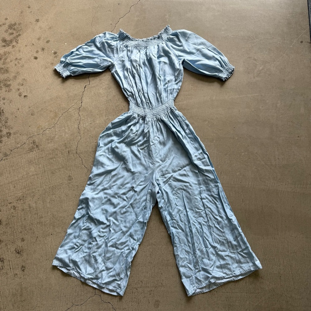 Women's Smocked Off the Shoulder One Piece Jumpsuit / denim light wash / small